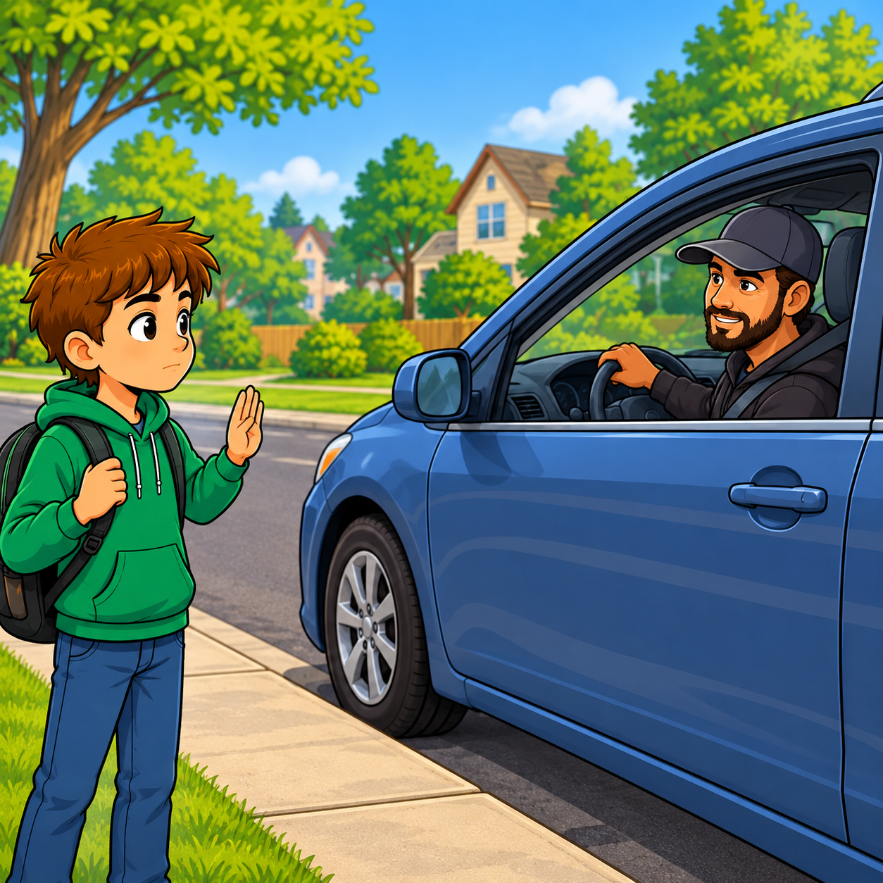 A boy stands back from a car and says no to an unexpected pickup; the adult is seated behind the steering wheel