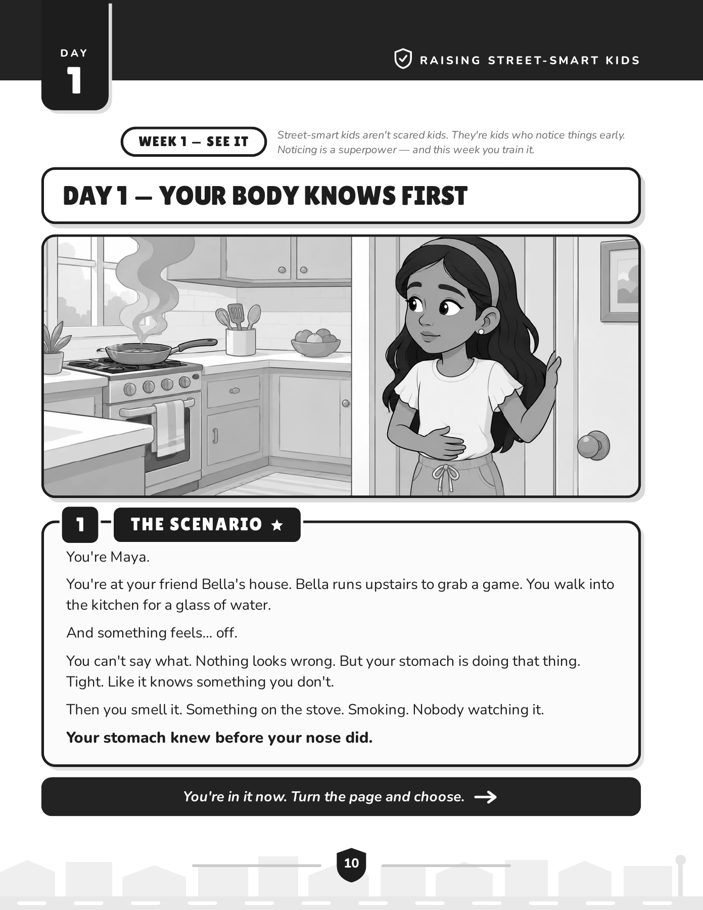 Day 1, page 10: Your body knows first — the scenario